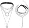 JewelryWe Gothic Leder Halsband Damen: 2 Stück Punk Geschichtet Spike Nieten Choker Kette mit Schloss O-Ring Anhänger Lange Y Kragen Halskette Verstellbar Layered Halsreif Halloween Schmuck Schwarz