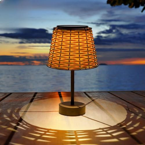 LED Solar Tischlampe Outdoor Tischleuchte Akku IP65 Wasserdichtes Solarlampen USB Aufladung Handgefertigte Rattan Laternenschirm Solar Lampe für Innen Außen Garten Esstisch Hotel 3000K Warmes Weiß