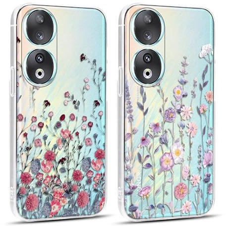 Xylota 2 Piezas Funda para Honor 90 5G 6,7, Transparente Carcasa con Aesthetic Dibujos Flor Mujer Niñas Case, Suave Silicona Ultrafina TPU Bumper Antichoque Protección Cover para Honor 90, Flores5