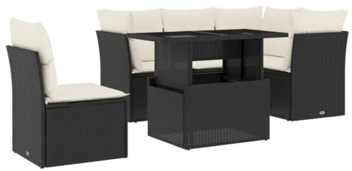 vidaXL Garten Sofa Garnitur 6-TLG., Gartenmöbel Set mit Kissen Modular, Lounge Sitzgruppe für Garten Terrasse, Gartentisch Verstellbare Tischplatte, Schwarz Poly Rattan
