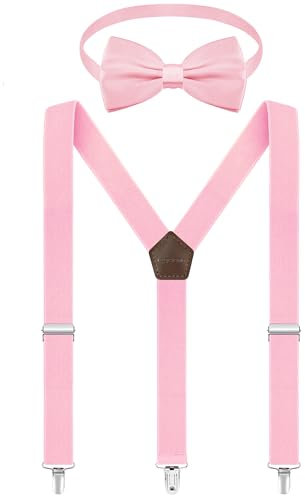 Fevaeno Hosenträger Fliege Set, Breit 2.5cm Y Form mit 3 Starken Clips, Einstellbar und Elastisch Einheitsgröß Hosenträger für Herren und Damen Rosa