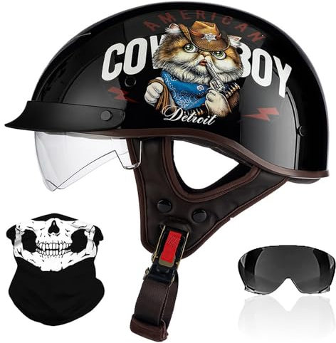 Retro Motorrad Halbhelme, Motorradhelm mit ECE Zertifiziert, Vintage Deutscher Stil Jethelm mit Visier, Halbschalenhelm Damen und Herren, für Biker Chopper Cruiser Roller Scooter