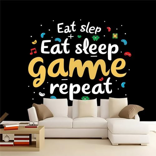Eat Sleep Game Repeat Photo Wallpaper - 350 x 256 cm Non-Woven Premium Fleece Wall Mural - Gaming Theme High Definition Art Print Teen Bedroom Game Room Decoration Photo Mural