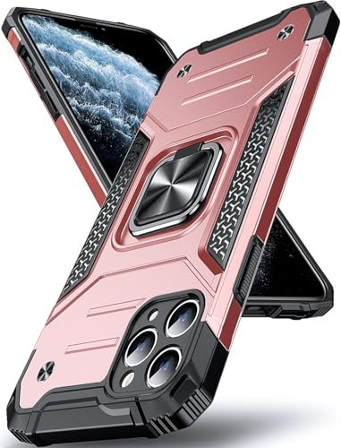 Pritify Armour Case for Iphone 11 Pro Max with Kickstand & Raised Camera Military Grade Protective Phone Back Case Cover Enhanced Metal Ring supports Magnetic Car Mount Holder | Rosegold