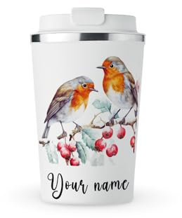 MAXIKIWI - Personalized Insulated Double Walled, Leakproof Stainless Steel Mug, Coffee or Tea Travel Tumbler with Lid, Keep Drinks Hot and Cold - Robins in a Rose Garden - 350ml
