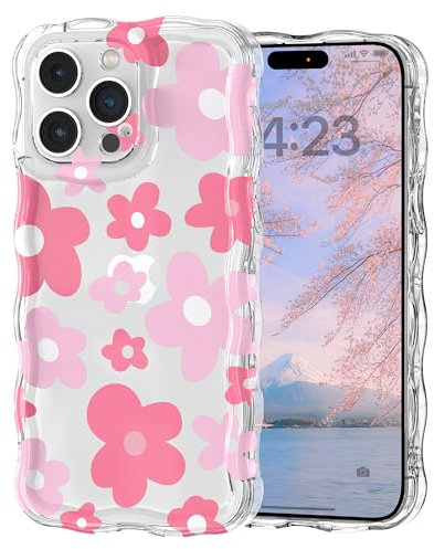 Micoden Cute Curly Wave Case for iPhone 15 Pro Max,Clear with Anti-Yellowing Flower Floral,Soft TPU Slim Bumper Shockproof Anti-Scratch Protective Wavy Cover for Girls Women-Pink