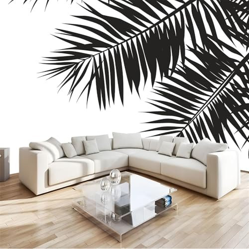 3D Papier Peint Feuilles de Palmier Noires, Papier peint panoramique 200 x 140 CM (L x H) - Pour Salon Chambre D'Enfant Décoration Murale Poster, Blanc