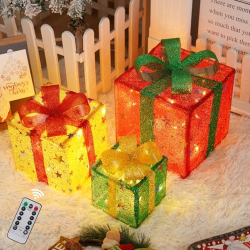 Geschenkboxen Weihnachtsbeleuchtung Außen Batterie, 3er LED Weihnachtsdeko mit Timer und Fernbedienung, 8 Modi, LED Weihnachtsdeko Aussen Geschenkbox für Weihnachtsbaum Fensterbank Garten (Stern)