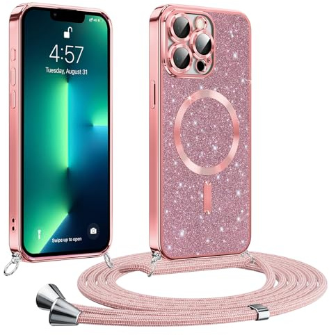 Phoona Coque pour iPhone 13 Pro Max avec Cordon, Etui à Paillettes Compatible avec MagSafe, Antichoc Protection Coque pour Magnétique avec Réglable Collier, Rosa