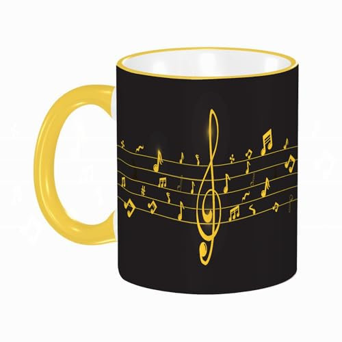 YOIUE Tasse aus Keramik - Große 11oz Tassen 330ml Kaffeetassen mit Henkel, 100% Handbemalt - Trinkgläser mit Griff - Weiß, Logo-Design der Musikskala mit goldenem Konzept. Musiknotenzeichen oder -sym