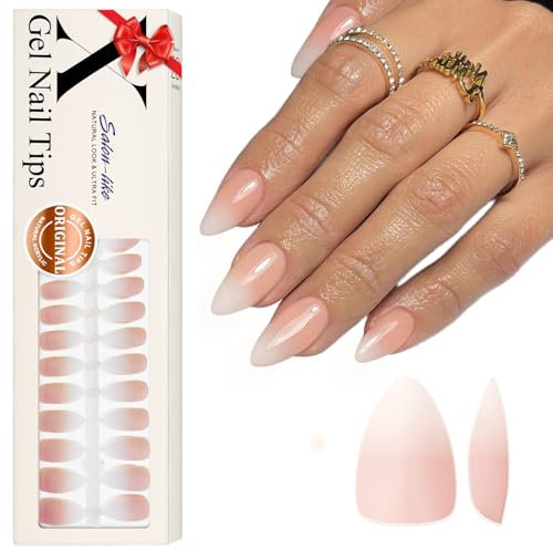 SXVME Soft Pre-Colored Acrylic Nail Tips, Ombre French False Nails Short Almond, Gradient Peach Press on Nails Short Stiletto Full Cover Artificial Fake Nail Extensions for Women DIY 150 Pcs