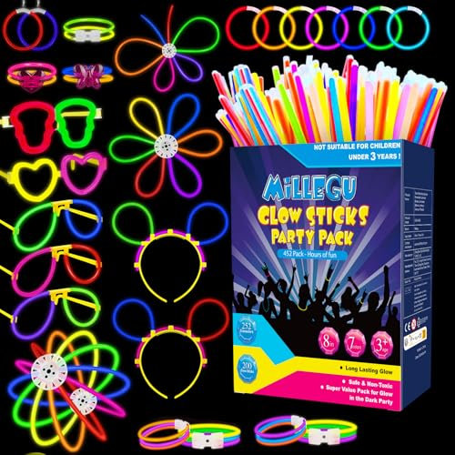 Millegu Knicklichter Party Set,200 Stück Leuchtstäbe 252 Verbinder,Neon Knicklichter Ketten und Leuchtbrillen für Kinder, Deko für Festival Hochzeiten Weihnacht Party Silvester Deko 2025