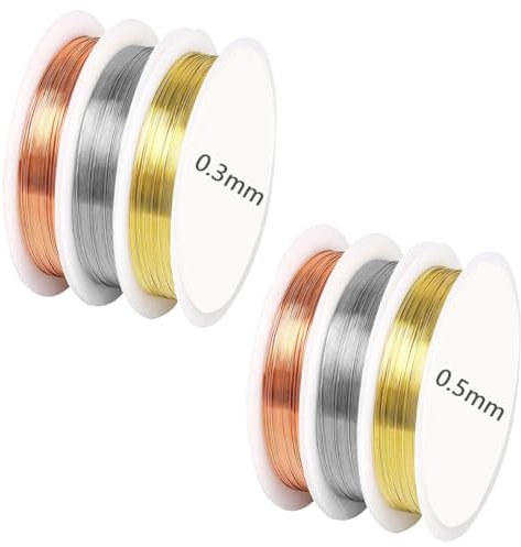 6 Rollos de Alambre Manualidades, 15 M/Rollo X 0,3 mm Y 5,5 M/Rollo X 0,5 mm Alambre para Joyeria, Copper Wire para Hacer Joyas, para Manualidades, Bisutería,Decoraciones Florales(Plata,Oro,Oro Rosa)