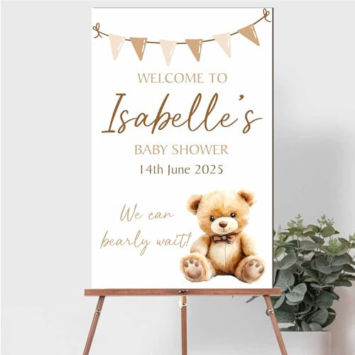 Personalised Baby Shower Welcome Board - Teddy Bear Theme - Customised Easel Plaque - Handmade Nursery Décor in Pink Blue or Brown Cute Teddies (Brown)