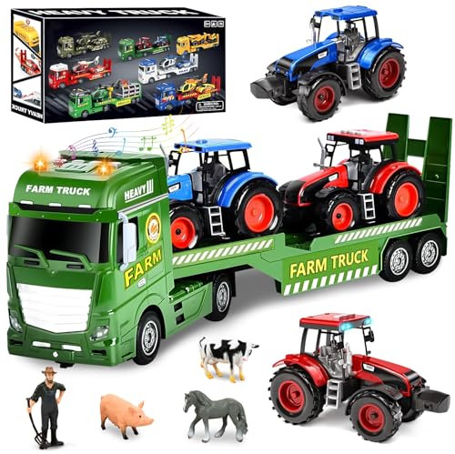 Joellfuner 3 in 1 Fattoria Camions Giocattolo, Grande Camion Trasportatore con Suoni, Luci e 2 Trattori, Camion Trasportatore Macchinine Giocattolo Regalo per Bambino 3 4 5 6 Anni, Verde