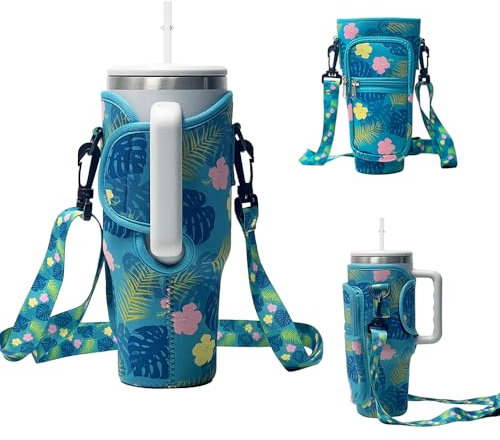 MSLSOZ 40 oz Stanley Cup Bag, Blue Jungle Stanley Holder, Unified Pattern Design for Cup Bag and Strap, Equipped with Adjustable Crossbody Strap and Phone Pocket, Suitable for Commuting, Travel, Gym