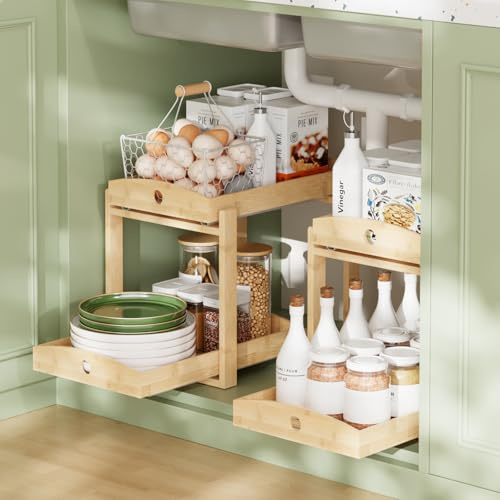 2 Pack Bamboo Under Sink Organizer, 2-Tier Pull-Out Drawers, Kitchen & Bath | Pull-out drawers keep cleaners and tall bottles visible, organized and easy to reach in kitchen or bathroom cabinets
