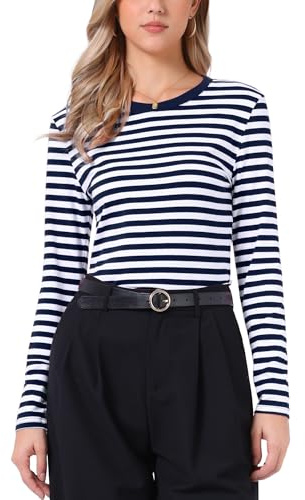 Allegra K Striped Shirt for Women's Long Sleeve Cotton Crew Neck Fitted Tee | Striped Shirts, Long Sleeve, Cotton, Crew Neck, Fitted Tees, Basic Blouse, Casual, Trendy Outfits