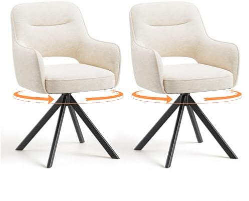 COLAMY Drehbare Esszimmerstühle 2er Set mit Armlehnen, Drehbare Polsterstühle für Küche & Esszimmer aus weichem Florstoff mit Metallgestell und Rückenlehne, für Esszimmer, Küche, Büro,Beige