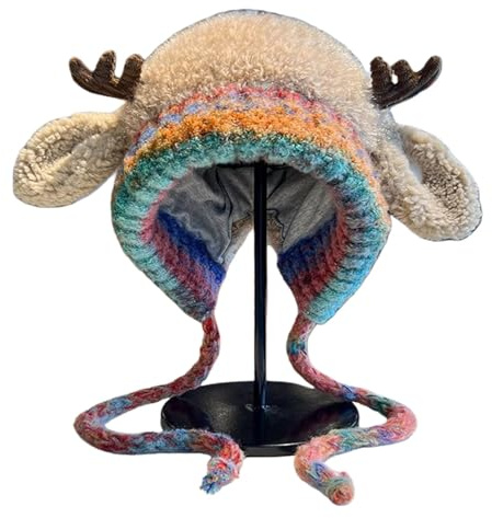 Kreative Geweihmütze Festliche Rentier Strickmütze, Kreatives Geweih Hut & Tasche 2-in-1, Fuzzy Gestrickte Geweih Hüte mit Ohren, Festliche Rentier Gestrickte Weihnachtsmütze,mütze mit ohren