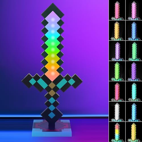 Hojalis Diamant-Schwert Lampe, 39 Cm Diamantschwert Licht Mit 14 Farben Lichtmodi, Diamantschwert-Spielzeug Mit Schwert-Aura-Soundeffekten, Sockel, USB-Aufladung, Pixel Schwert Für Geschenke, Zimmer