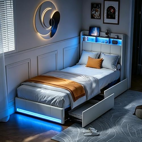 Polsterbett 90x200 cm, LED Einzelbett mit Staufach-Kopfteil und USB-Anschlüssen, Jugendbett 90x200 mit 2 Schubladen, Gästebett Funktionsbett Stauraumbett Bettgestell mit Lattenrost,Leinen
