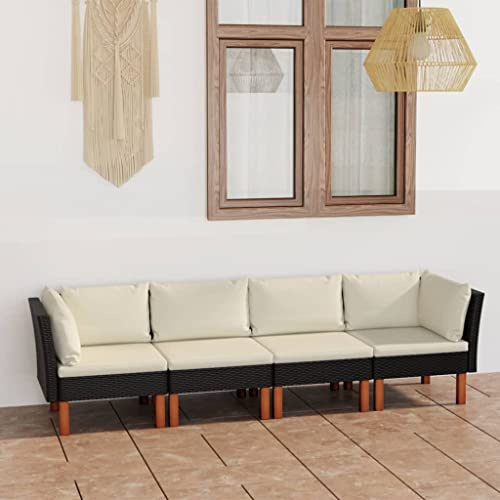 Yunovire 4-Sitzer-Gartensofa mit Kissen Schwarz Poly Rattan, Robustes Eukalyptusholz, wetterfest für Terrasse, Balkon, Außenbereich