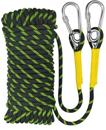 YIUBCZOQI 20m Cuerda Estatica de Escalada 8mm con 2 Mosquetones, UIAA | Nylon de alta resistencia, resistente a la abrasión y UV,Negro fluorescente, para rescate y actividades al aire libre.
