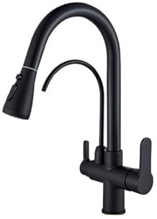 KDEGK Grifo de cocina de purificación de agua de doble salida dorado cepillado, grifo mezclador de doble mango montado en cubierta (negro mate A)