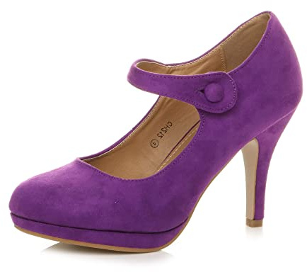 Womens Ladies mid high Heel Mary Jane Strap Evening Court Shoes Pumps, 8 UK, Purple Suede