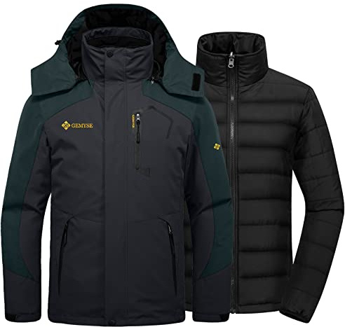 GEMYSE Veste de Ski Homme 3 en 1 avec Doublure Amovible Imperméable Coupe-Vent Respirante avec Capuche Manteau Chaud Hiver pour Randonnée(Gris noir,XL)