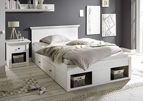 Beauty.Scouts Bett Feres M Bettgestell, Holzbett, Schlafzimmer, Einzelbett, Landhaus, mit Bettschubkästen, Pinie Weiss Nachbildung, 155x92x212 cm Größe mit Zwei Körben