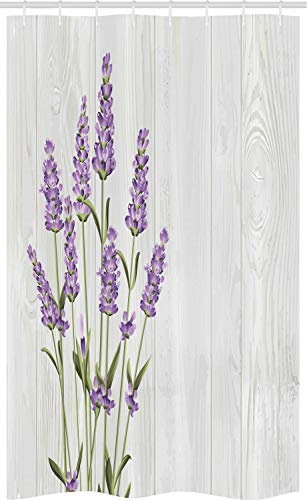 ABAKUHAUS Lavendel Schmaler Duschvorhang, Kräuter-Bouquet auf Holz, Badezimmer Deko Set aus Stoff mit Haken, 120 x 180 cm, Olivgrün Pale Grau
