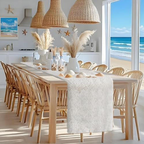 yuboo Weißer Fell-Tischläufer, flauschiger Tischläufer für Schlafzimmer, Kommode, moderne Tischdekoration für Party, Geburtstag, Halloween, Weihnachten, Hochzeit, Esstisch, 38,1 x 183,9 cm