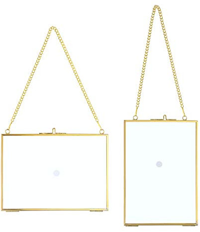 SUMTree Set of 2 Gold Glass Hanging Photo Picture Display Frame, Floating Glass Picture Frame with Chain for Family Tree Mini Photo, Gallery Wall Art Work, Pressed Flower, collage, etc, 5 * 7 inches
