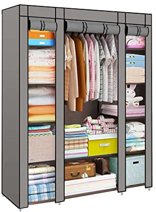 Trintion Fabric Canvas Wardrobe Cloth Wardrobes For Bedroom Clothes Storage Organiser with Hanging Rail Storage Cupboard Unit for Bedroom Living Room,Bedroom Storage, (Gray)