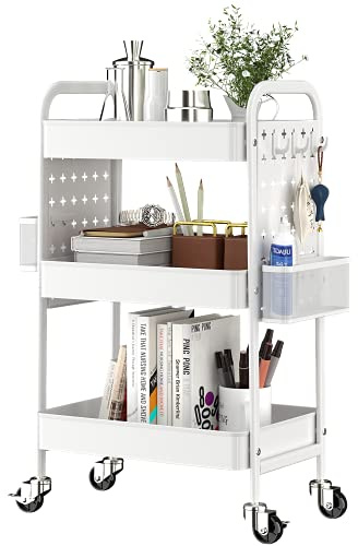 TOOLF 3-Tier Rolling cart, Utility Storage Cart with DIY Dual Pegboards, Art Craft Trolley with Removable Baskets Hooks, Organizer Serving Cart Easy Assemble for Office, Home, Kitchen, Classroom,WHITE