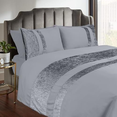 Casabella Luxury Crushed Velvet Panel Band Duvet Cover Sets with Pillow Case King Size Duvet Cover Bedding Set – Silver Crush Velvet King Duvet Cover Sets
