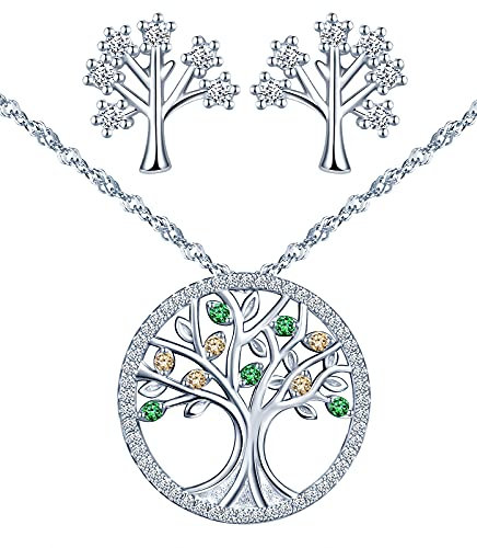 CPSLOVE Necklace and Earrings for womens and girls, 925 sterling silver necklace pendant and earrings, women's jewelry set, Tree of Life necklace earrings studs, Inlaid shiny zircon, silver and green