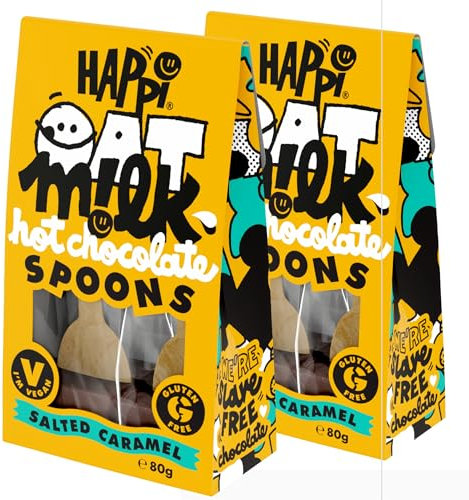 4 x Happi Salted Caramel Vegan Hot Chocolate Spoons - Chocolate Stirrers - Vegan Chocolate Gifts - Christmas Eve Box Fillers