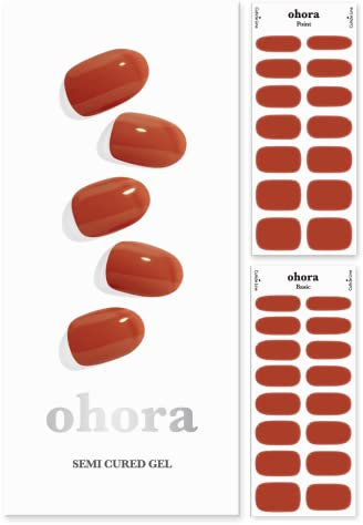 ohora Semi Cured Gel Nail Strips (N Cream Maple) - Works with Any Nail Lamps, Salon-Quality, Long Lasting, Easy to Apply & Remove - Includes 2 Prep Pads, File & Wooden Stick - Red