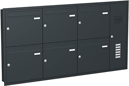 Briefkastenanlage Unterputz mit eckiger Verkleidung und Klingeln Modell U3 Farbe RAL 7016 anthrazitgrau, Größe mit 6 Briefkästen