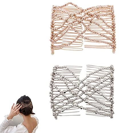 FENGHUNAYUE Perlen Haarspange Magic KäMme Beads Haarklammer Haarkamm Elastisch HaarkäMme Doppel Elastic Hair Clip für Damen Und MäDchen Diy Haar Styling Werkzeug,Dehnbar,2 StüCke
