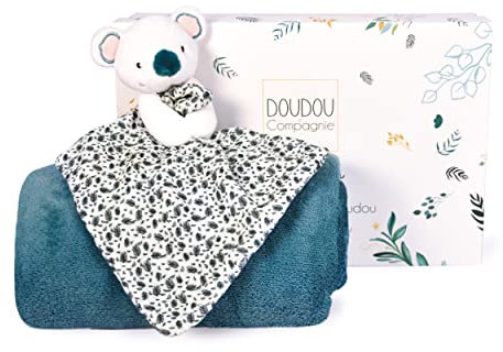 Doudou et Compagnie Babydecke, sehr weich mit seinem Schmusetuch Koala – Fleecedecke – Kollektion Yoca Le Koala – Blau – 100 x 70 cm – Geschenkset zur Geburt für Mädchen und Jungen – DC3977