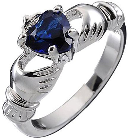 GWG Jewellery Sterlingsilber Claddagh Liebesring mit Saphir-Blauenherz Stein, Händen und Krone – 10 in Geschenkbox für Frauen