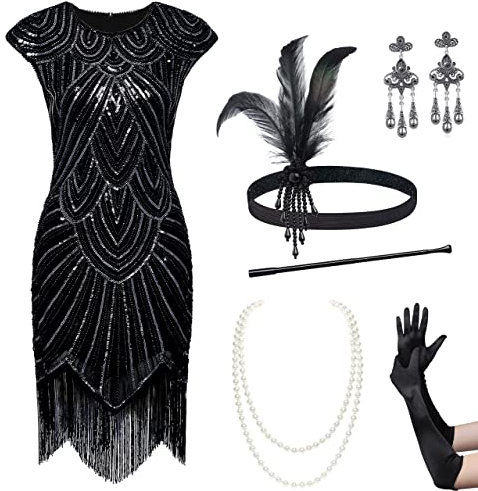 BABEYOND 1920er Jahre Damen Kleid mit Pailletten und Fransen geprägt 1920s Kleid Gatsby Kleid Damen 1920er Jahre Charleston Kleid, Set-schwarz, XL