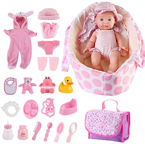deAO 33 cm Baby Puppe Spielzeug Set mit Puppenzubehör, Puppen für Mädchen | Neugeborene Babypuppe mit Tragbares Puppenbett, Kleidung, Tragetasche, Fütterungs- und Pflegeset, Erste Babypuppe für Kinder