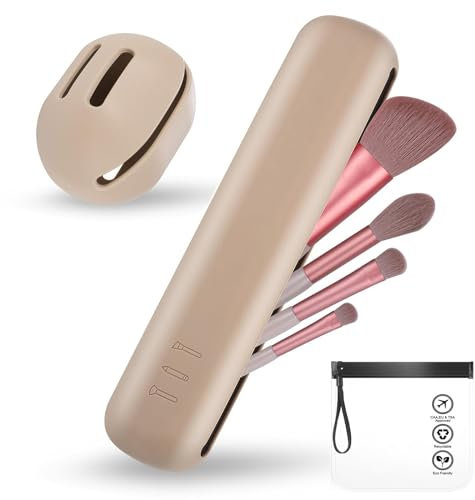 JIZZU 3PCS Silicone Makeup Brush Holder Travel & Silicon Makeup Sponge Organizer & Clear Airport Security Liquids Bag, Silicone Portable Makeup Brush Organiser Sleek for Travel, Bussiness(Khaki)