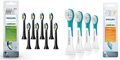 Philips Sonicare Original W2 Optimal White Standard Schallzahnbürstenköpfe - 8er-Pack in Schwarz (Modell HX6068/13) & Sonicare For Kids Mini-Bürstenköpfe für Schallzahnbürste (Modell HX6034/33)