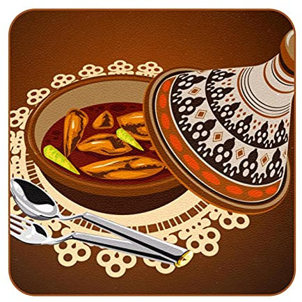 Lot de 6 dessous de verre décoratifs en cuir synthétique pour pendaison de crémaillère - Cadeau de pendaison de crémaillère - Sambal - Poulet tajine servi avec pot à olives